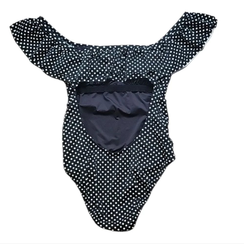 SALE J Crew Off Shoulder Ruffled Polka Dot One Piece Swimsuit Open Back Black 10